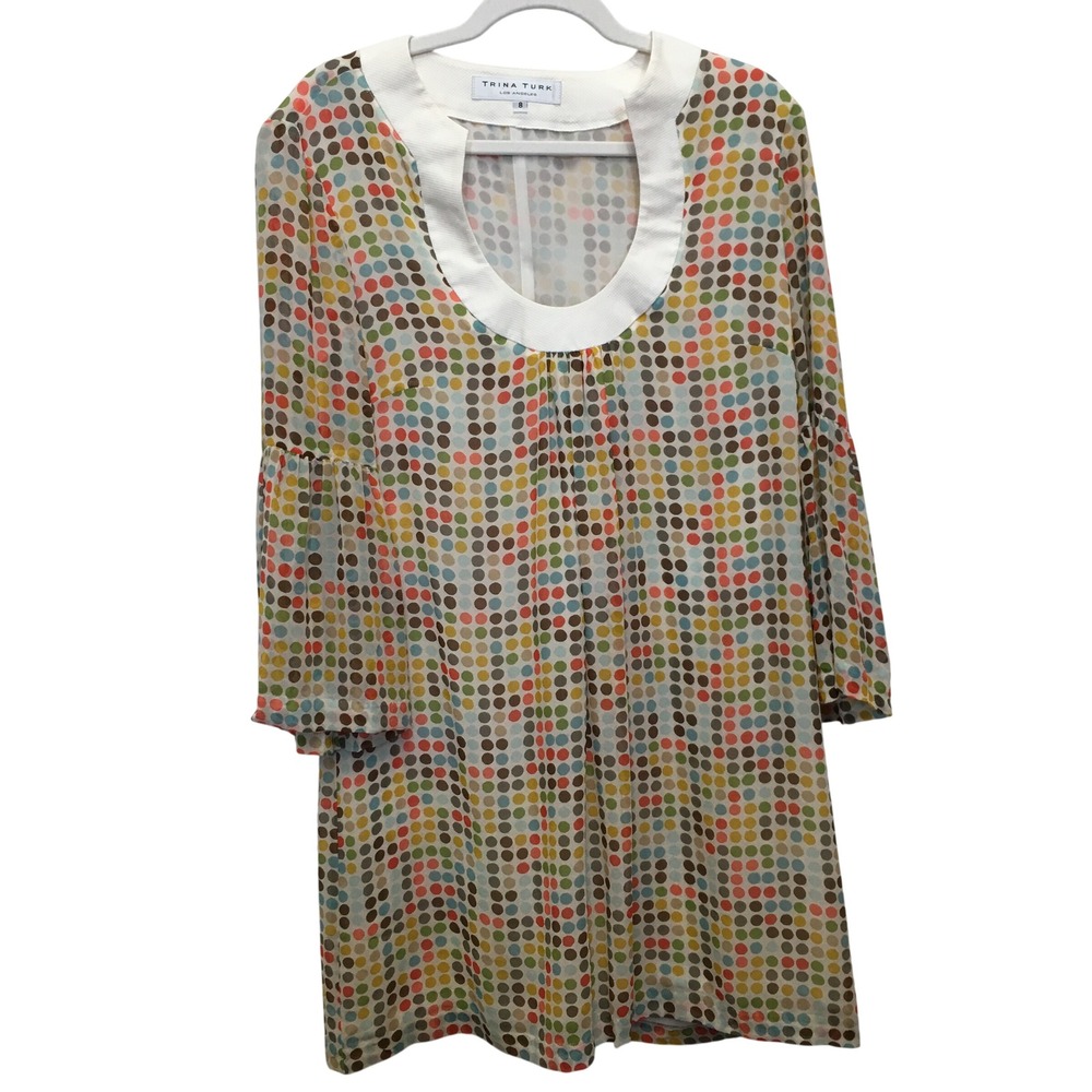 Trina Turk 100% Silk Polka Dot Shift Dress 8 Bell Sleeve Mod Retro 60s Boho